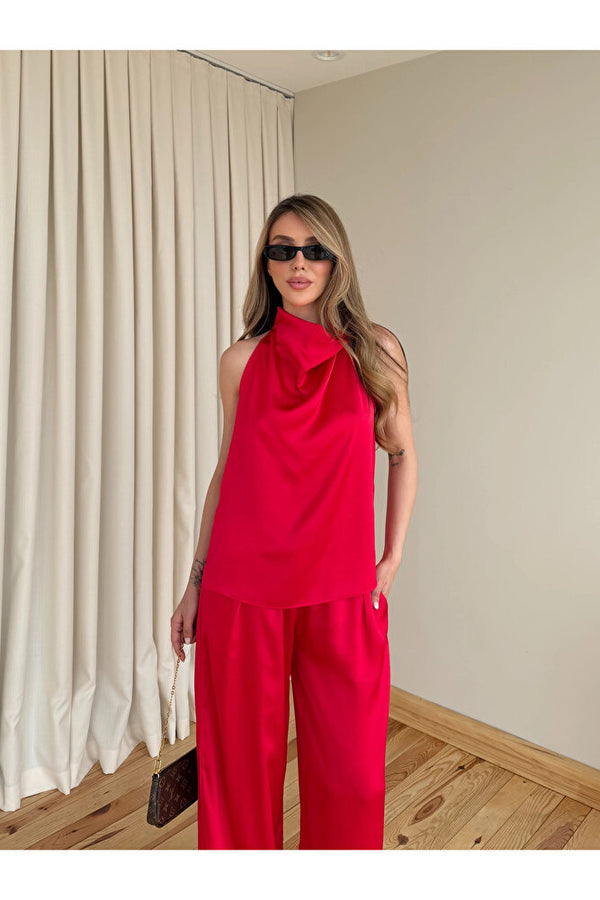 Kırmızı Saten Bluz Pantolon Takım - 30433