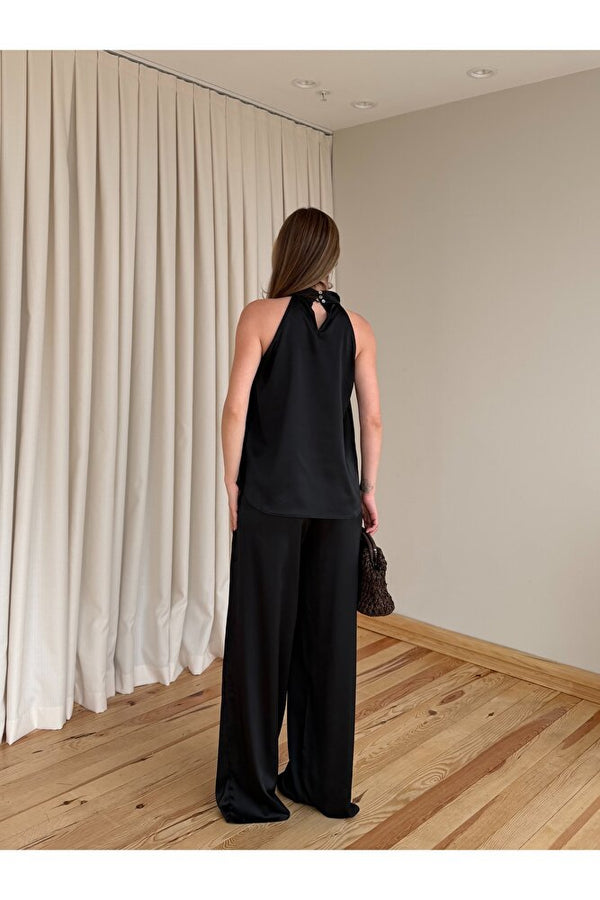 Siyah Saten Bluz Pantolon Takım - 30433