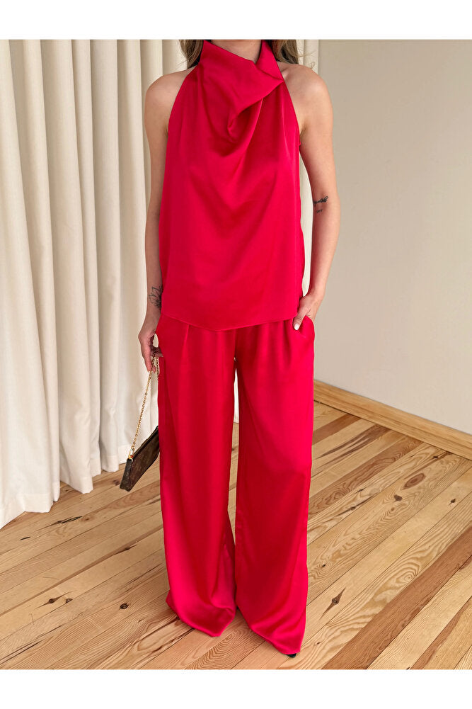 Kırmızı Saten Bluz Pantolon Takım - 30433