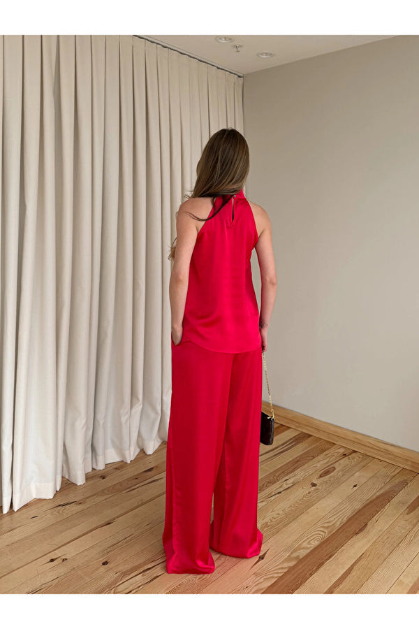 Kırmızı Saten Bluz Pantolon Takım - 30433