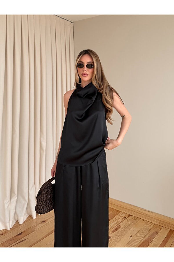 Siyah Saten Bluz Pantolon Takım - 30433