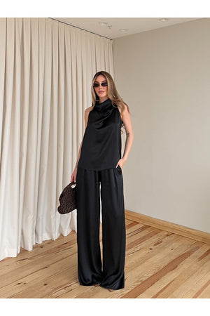 Siyah Saten Bluz Pantolon Takım - 30433