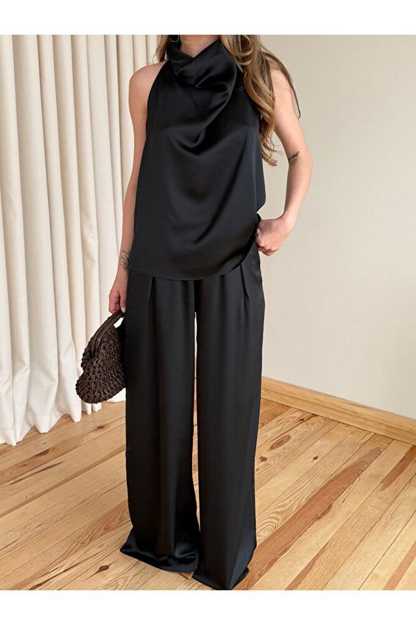 Siyah Saten Bluz Pantolon Takım - 30433