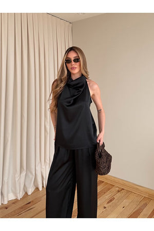 Siyah Saten Bluz Pantolon Takım - 30433