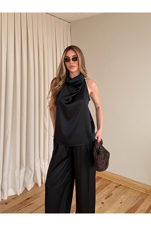 Siyah Saten Bluz Pantolon Takım - 30433