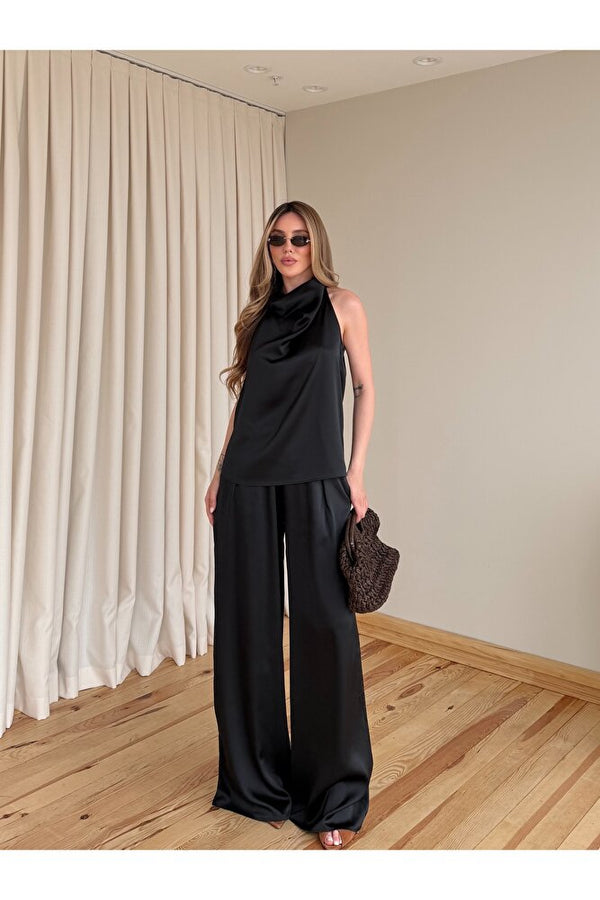Siyah Saten Bluz Pantolon Takım - 30433