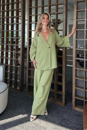 Haki Pamuklu Kimono Takım