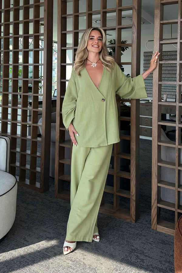 Haki Pamuklu Kimono Takım