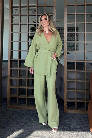 Haki Pamuklu Kimono Takım