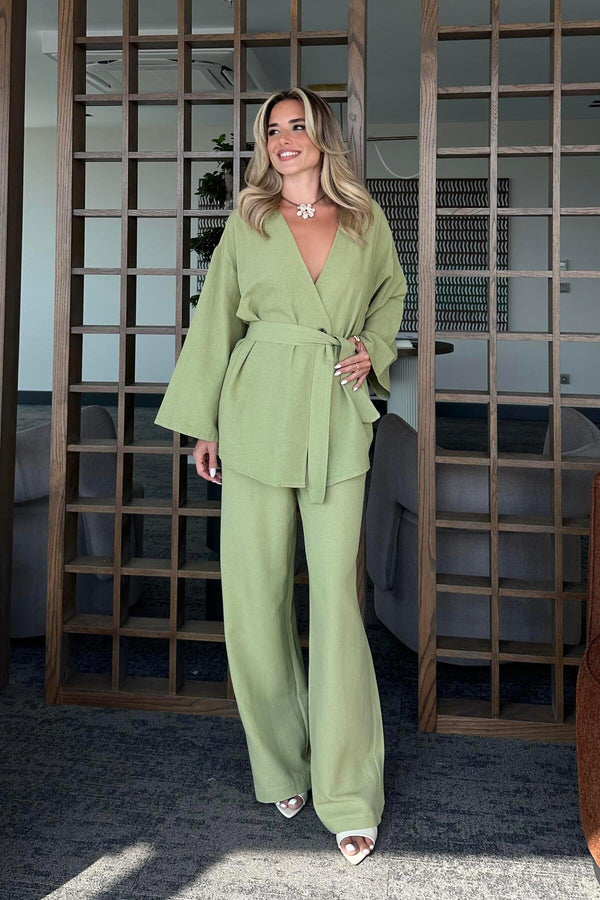 Haki Pamuklu Kimono Takım