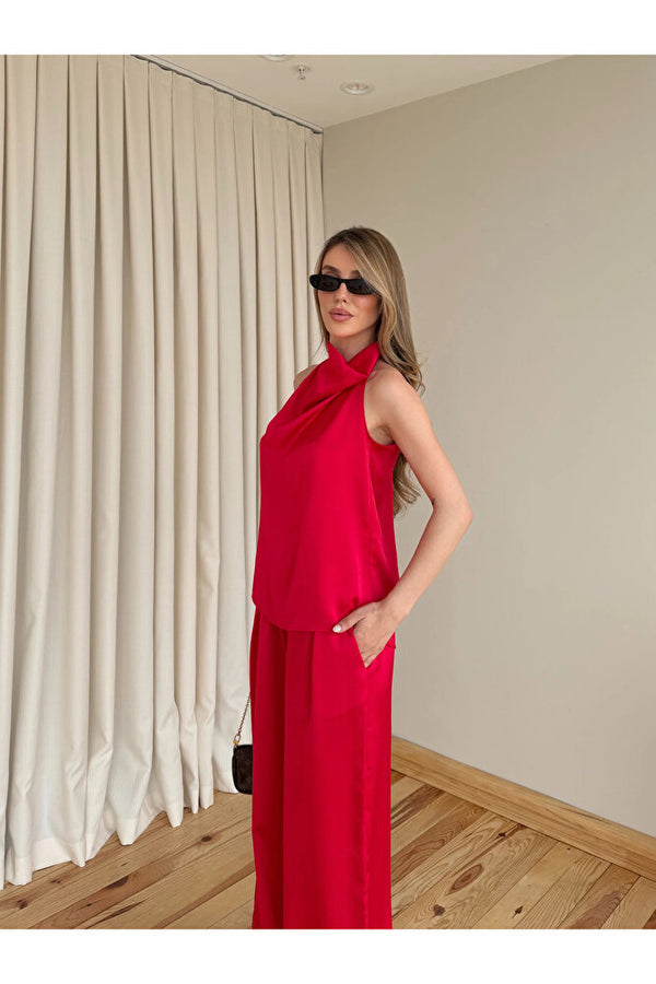 Kırmızı Saten Bluz Pantolon Takım - 30433