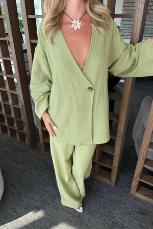 Haki Pamuklu Kimono Takım