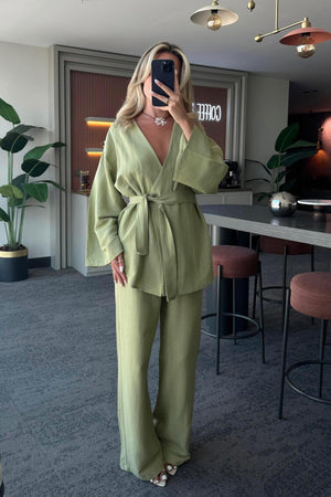 Haki Pamuklu Kimono Takım