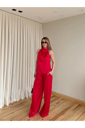 Kırmızı Saten Bluz Pantolon Takım - 30433