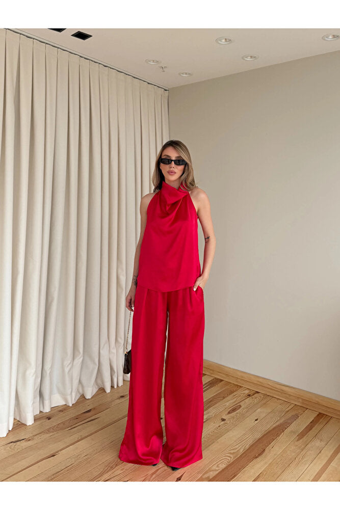 Kırmızı Saten Bluz Pantolon Takım - 30433