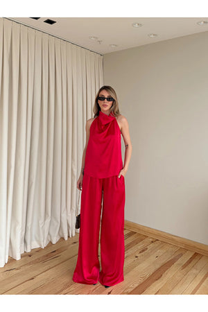 Kırmızı Saten Bluz Pantolon Takım - 30433