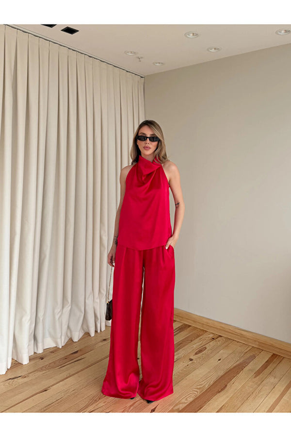Kırmızı Saten Bluz Pantolon Takım - 30433