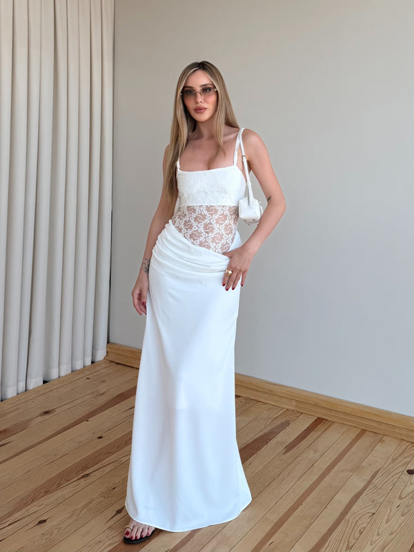 Beyaz Beli Dantel Detaylı Elbise - 2494