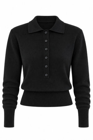 Siyah Polo Yaka Düğmeli Triko - 261121