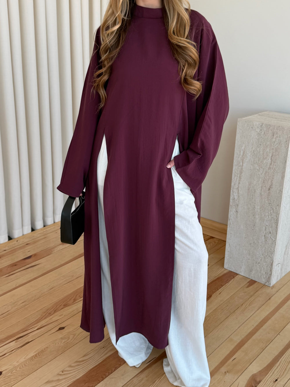 Bordo Yırtmaçlı Uzun Tunik - 8515