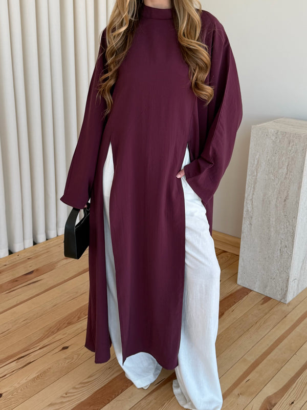 Bordo Yırtmaçlı Uzun Tunik - 8515