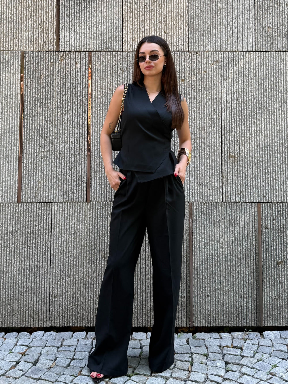 Siyah Donna Kruvaze Yelek Pantolon Takım - 8496