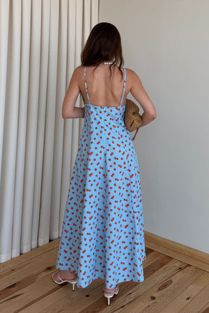 Mavi Çilek Desenli Elbise - 8301