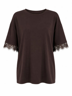 Kahverengi Sırtı Dantel Detaylı Tshirt - 1073