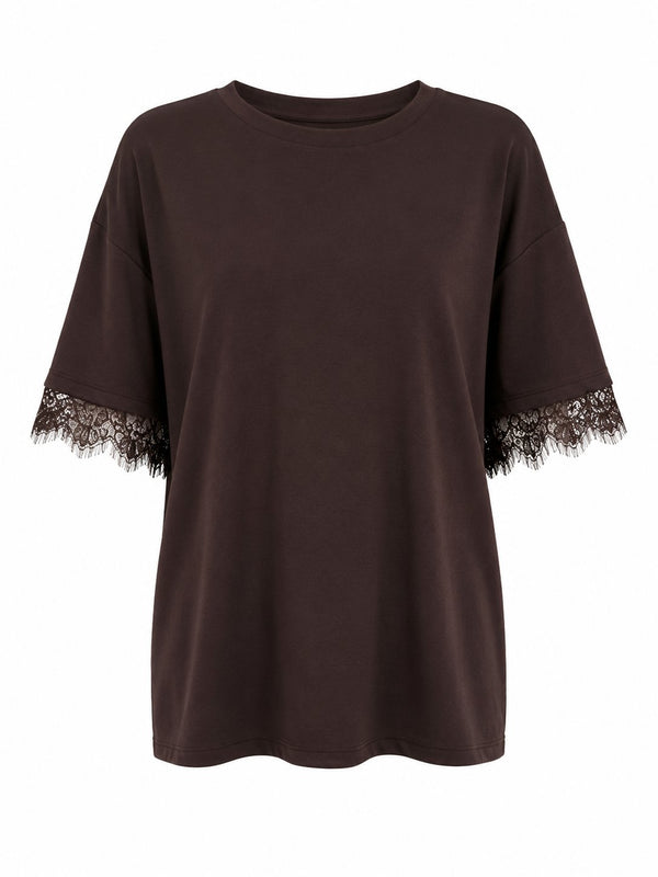 Kahverengi Sırtı Dantel Detaylı Tshirt - 1073