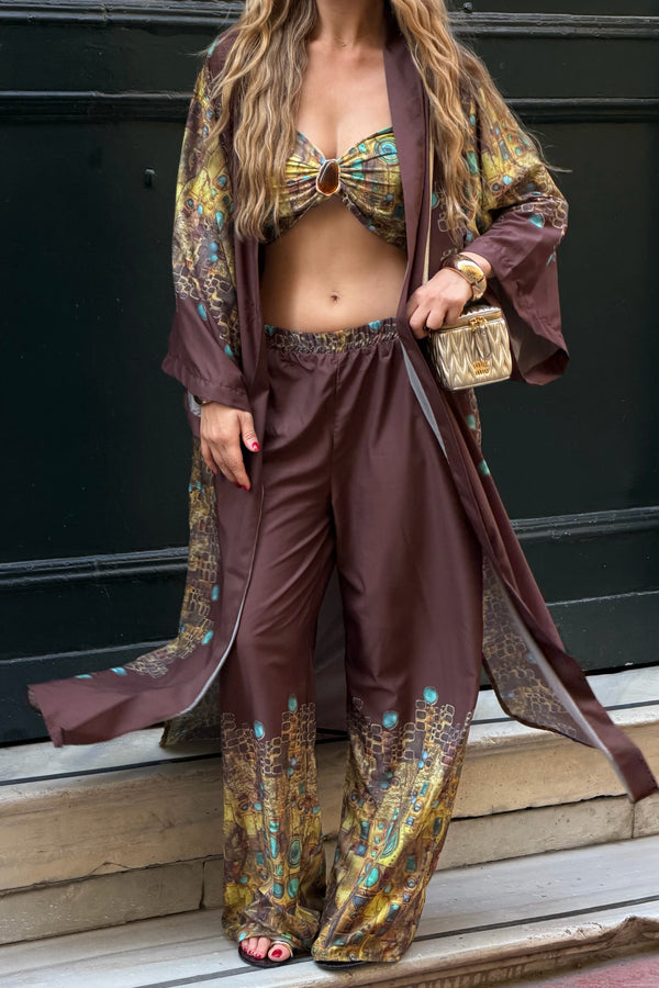 Kahverengi Tasarım Büstiyer Kimono Üçlü Takım - 8606