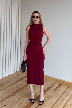 Bordo Drapeli Yırtmaçlı Elbise - 4114