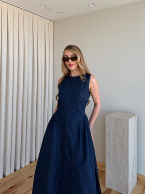 Lacivert Sırt Dekolteli Uzun Denim Elbise - 261026