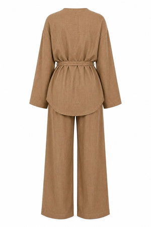 Açık Kahve Kemerli Kimono Takım - 2y012