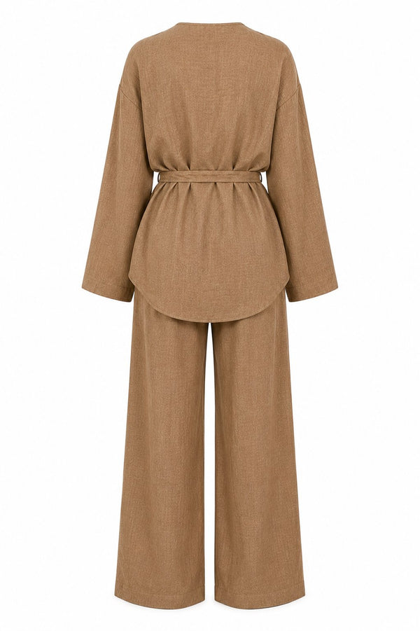 Açık Kahve Kemerli Kimono Takım - 2y012