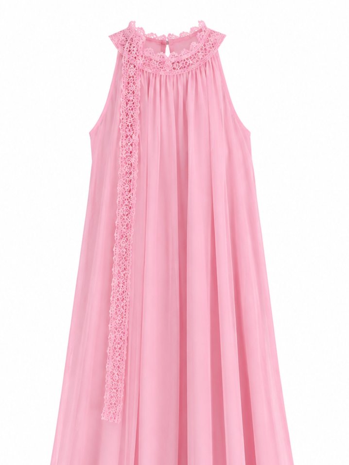 Pembe Yaka Dantelli Uzun Elbise - 3438