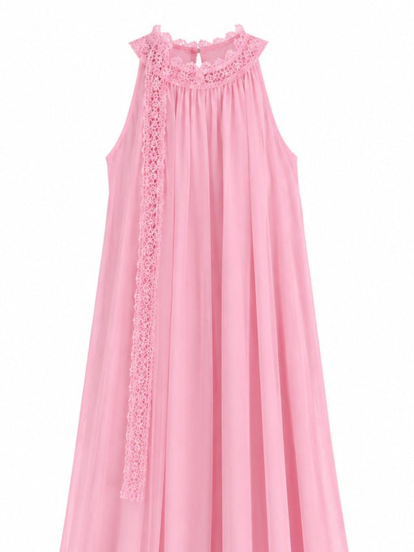Pembe Yaka Dantelli Uzun Elbise - 3438