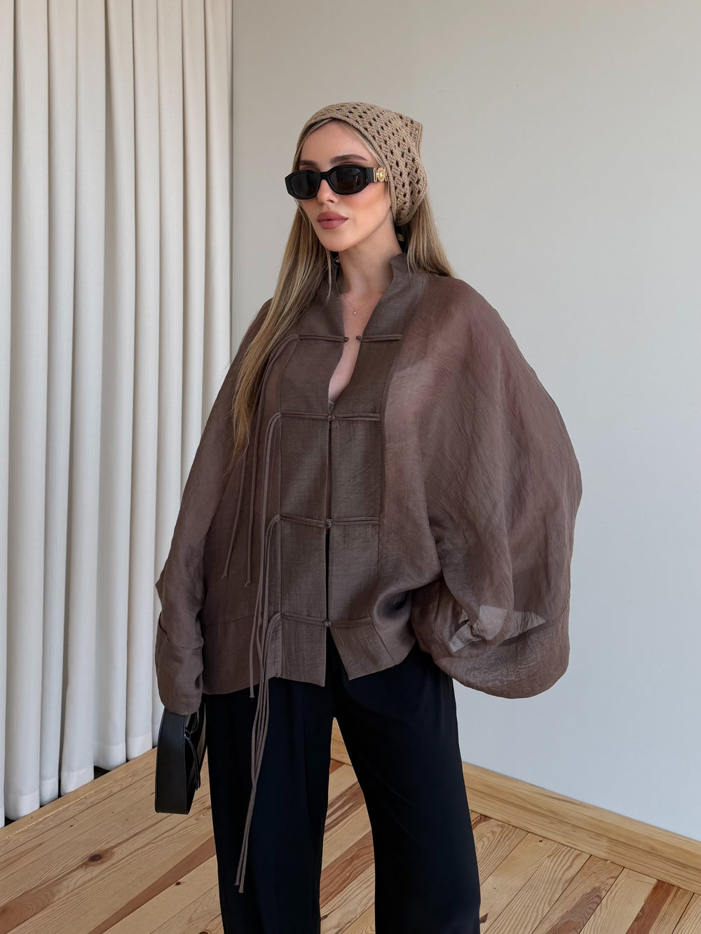 Kahverengi İp Bağcıklı Transparan Kimono - 5098