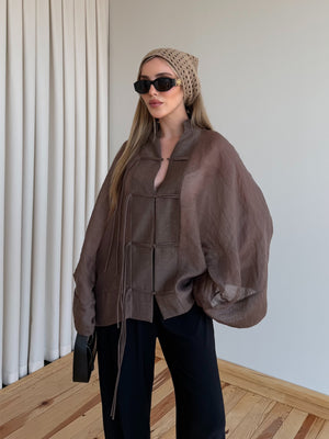 Kahverengi İp Bağcıklı Transparan Kimono - 5098