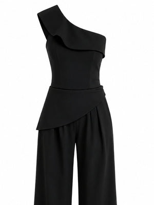 Siyah Tasarım Yaka Bluz Pantolon Takım - TK8003
