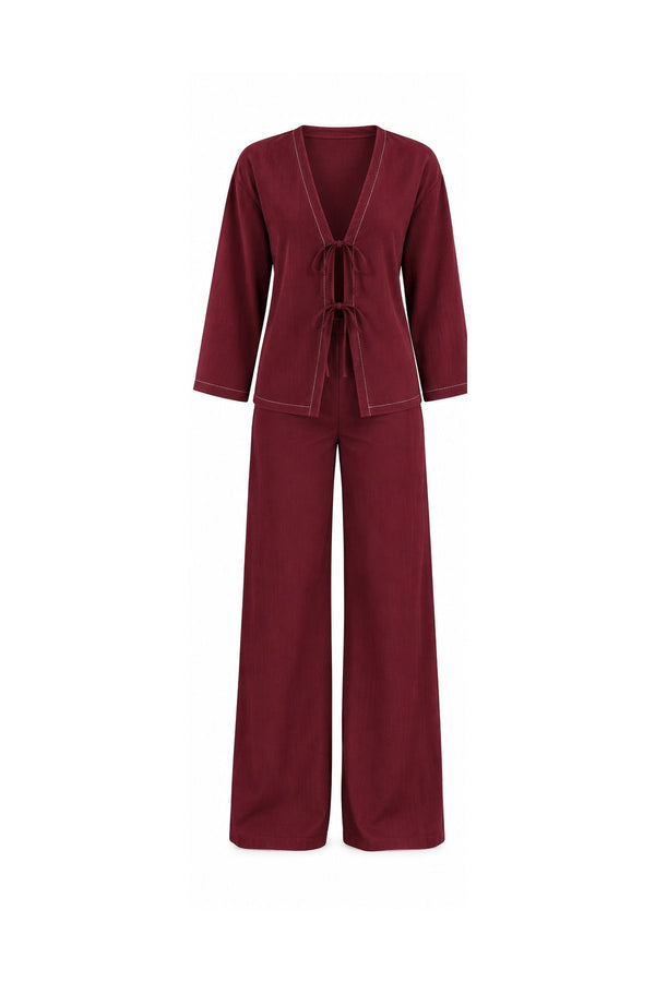 Bordo Bağlamalı Kimono Takım - 2y8567