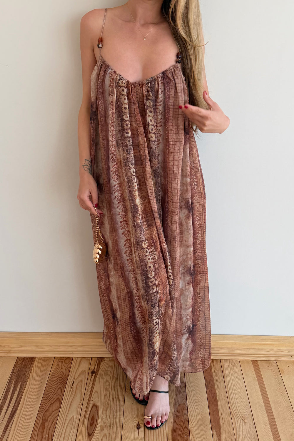 Camel Askılı Desenli Elbise - 3466