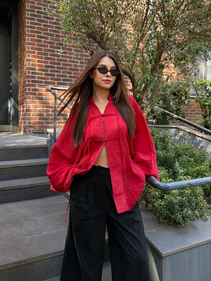 Kırmızı İp Bağcıklı Transparan Kimono - 5098