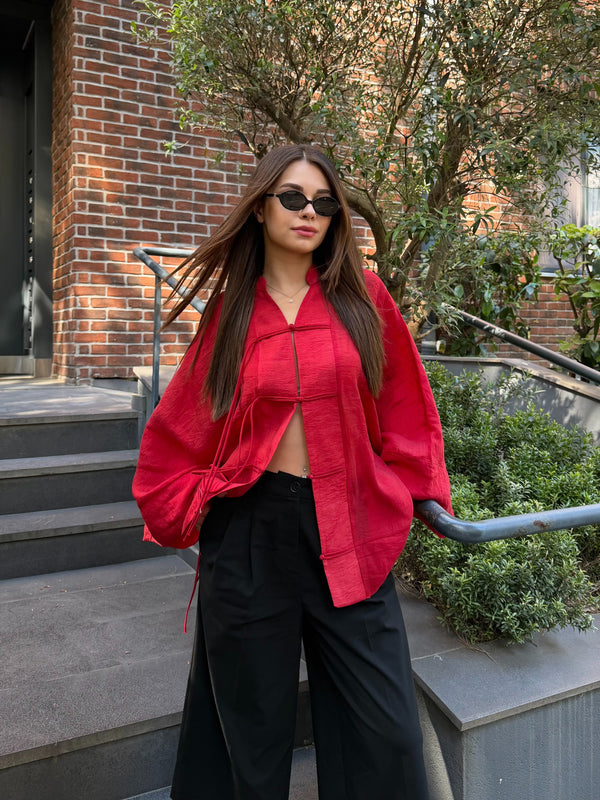 Kırmızı İp Bağcıklı Transparan Kimono - 5098