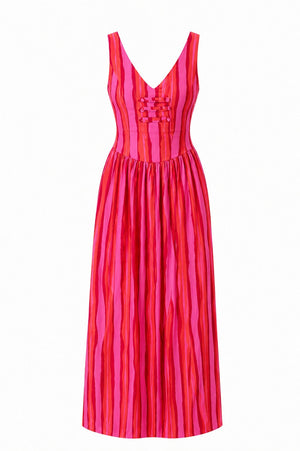 Pembe Turuncu Çizgili Elbise - 8304