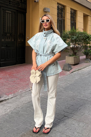 Mavi Nakış İşlemeli Denim Yelek - 1077