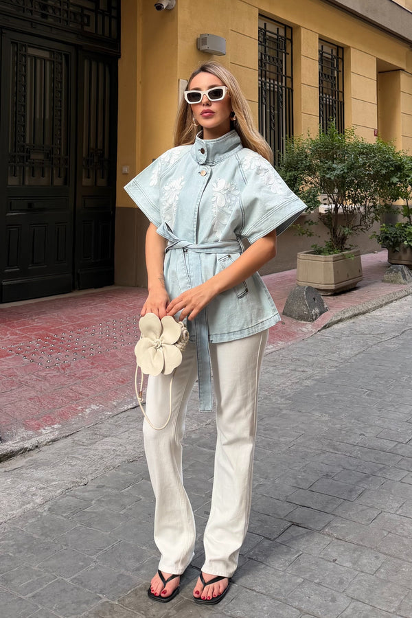Mavi Nakış İşlemeli Denim Yelek - 1077