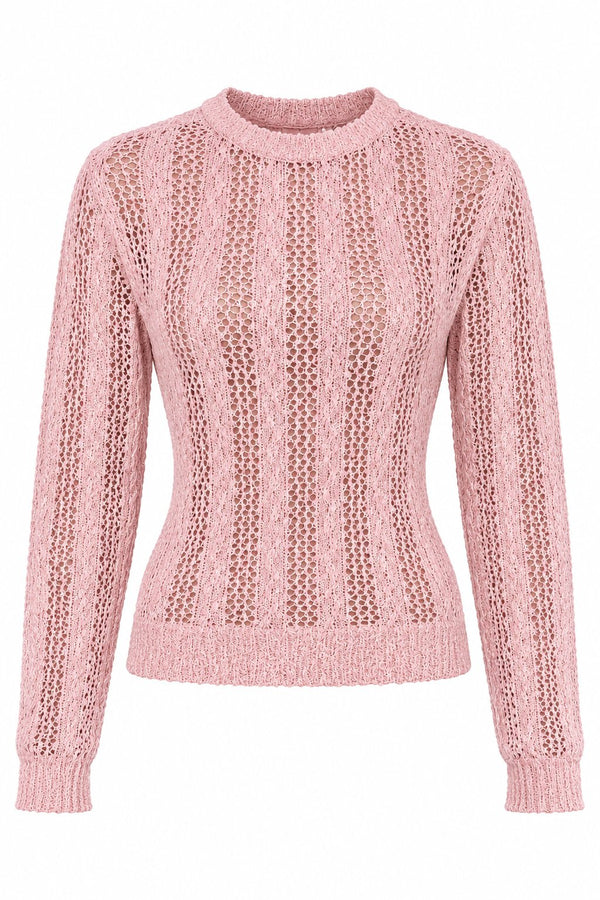 Pembe Bisiklet Yaka Ajurlu Triko Bluz - 2y4413