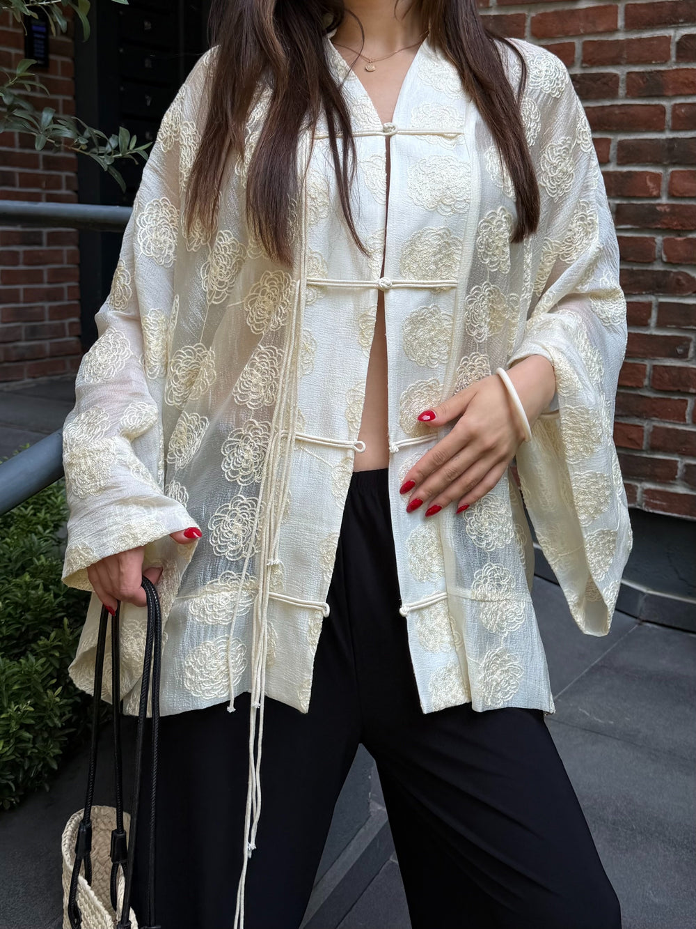 Sarı Frog Kapama Nakışlı Kimono - 5096