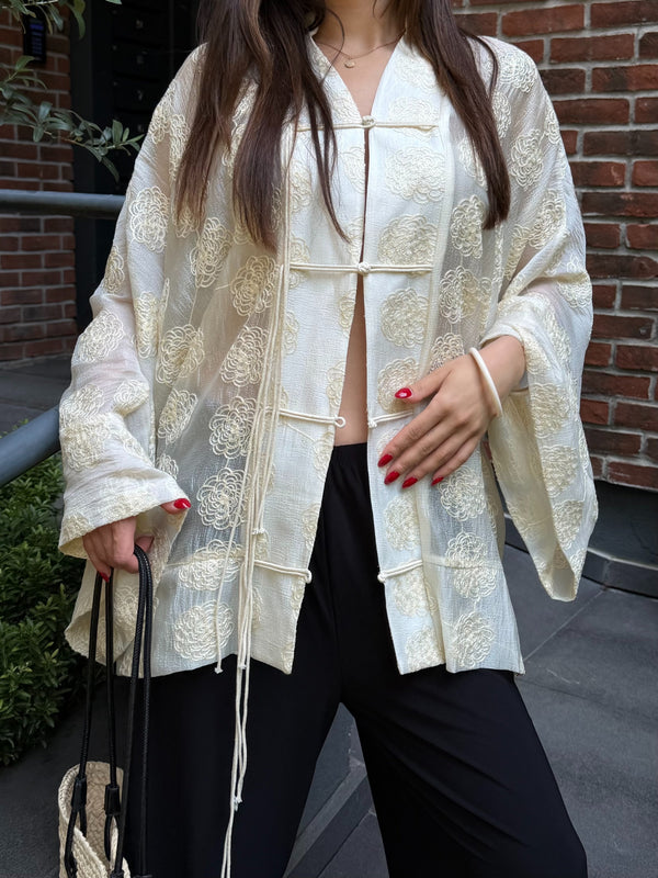 Sarı Frog Kapama Nakışlı Kimono - 5096