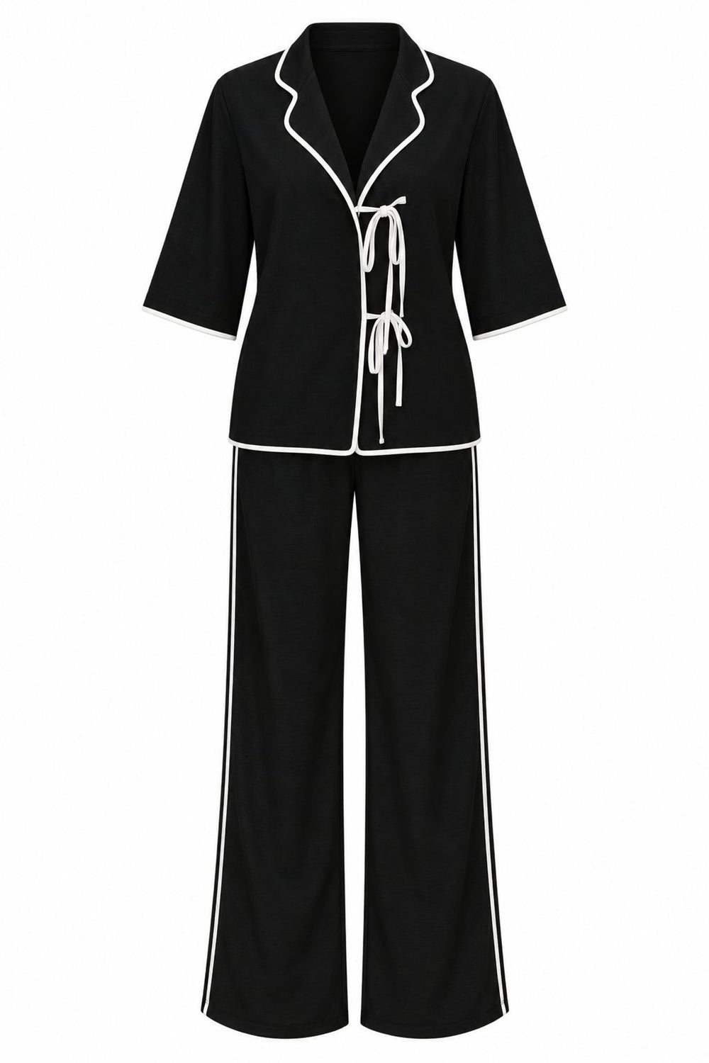 Siyah - Natural Biye Detaylı Bluz Pantolon Takım - 2y9001